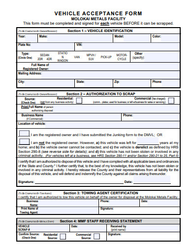 vehicle acceptance form template