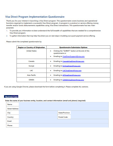 visa direct program implementation questionnaire template