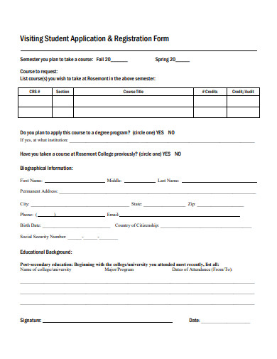 visiting student application and registration form template
