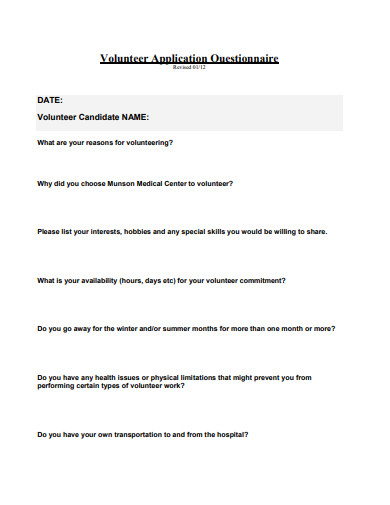 volunteer application questionnaire template