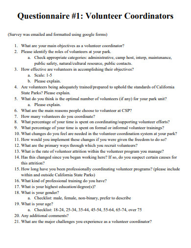 volunteer coordinators questionnaire template