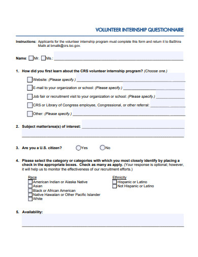 volunteer internship questionnaire template