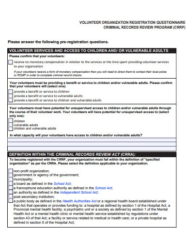 volunteer organization registration questionnaire template