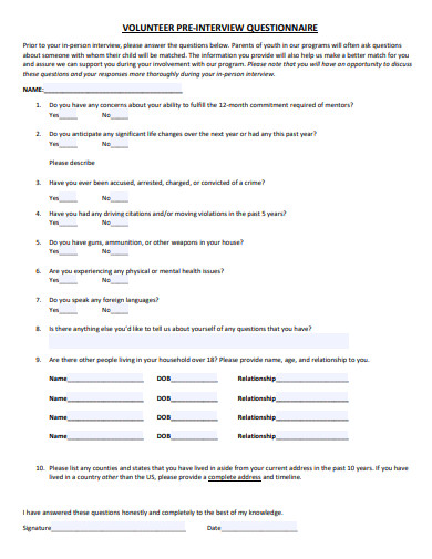 volunteer pre interview questionnaire template