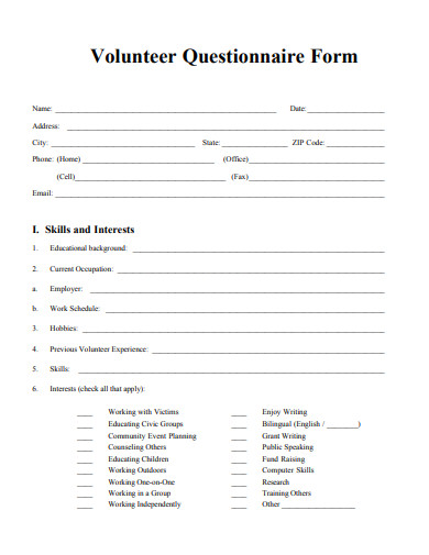 volunteer questionnaire form template