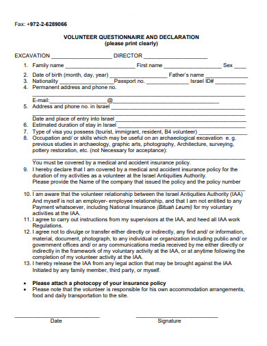 volunteer questionnaire and declaration template