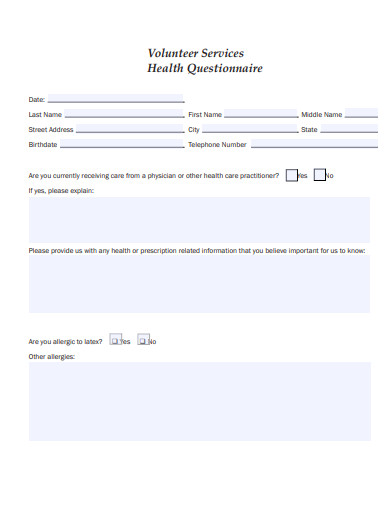 volunteer services health questionnaire template