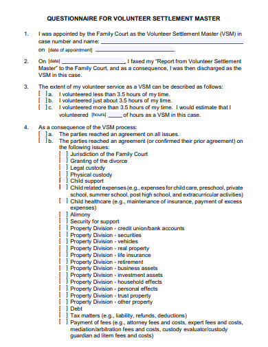 volunteer settlement master questionnaire template