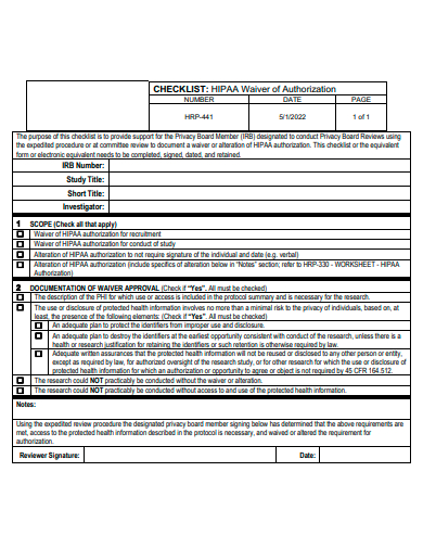 waiver of authorization checklist template