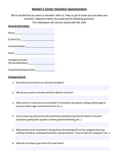 womens center volunteer questionnaire template