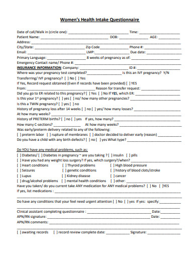 womens health intake questionnaire template