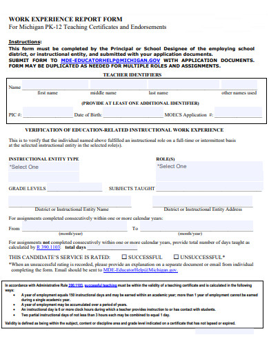 work experience report form template