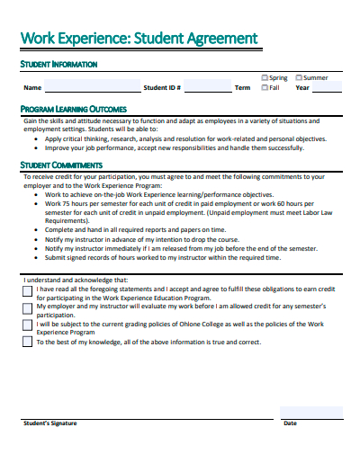 work experience student agreement template