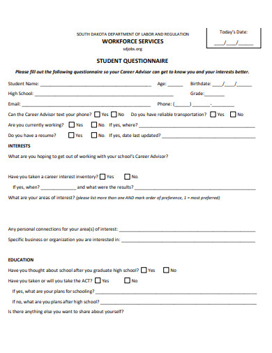 workforce services student questionnaire template