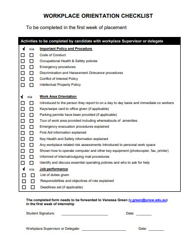 workplace orientation checklist template