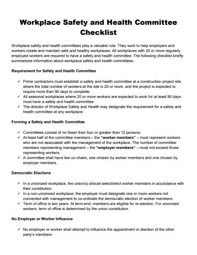 workplace safety and health committee checklist template