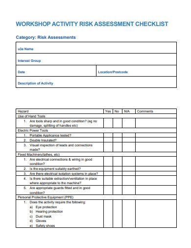 workshop activity risk assessment checklist template