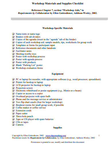 workshop materials and supplies checklist template