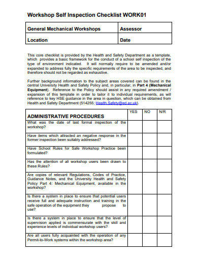 workshop self inspection checklist template