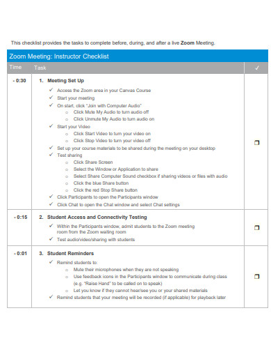 zoom meeting instructor checklist template