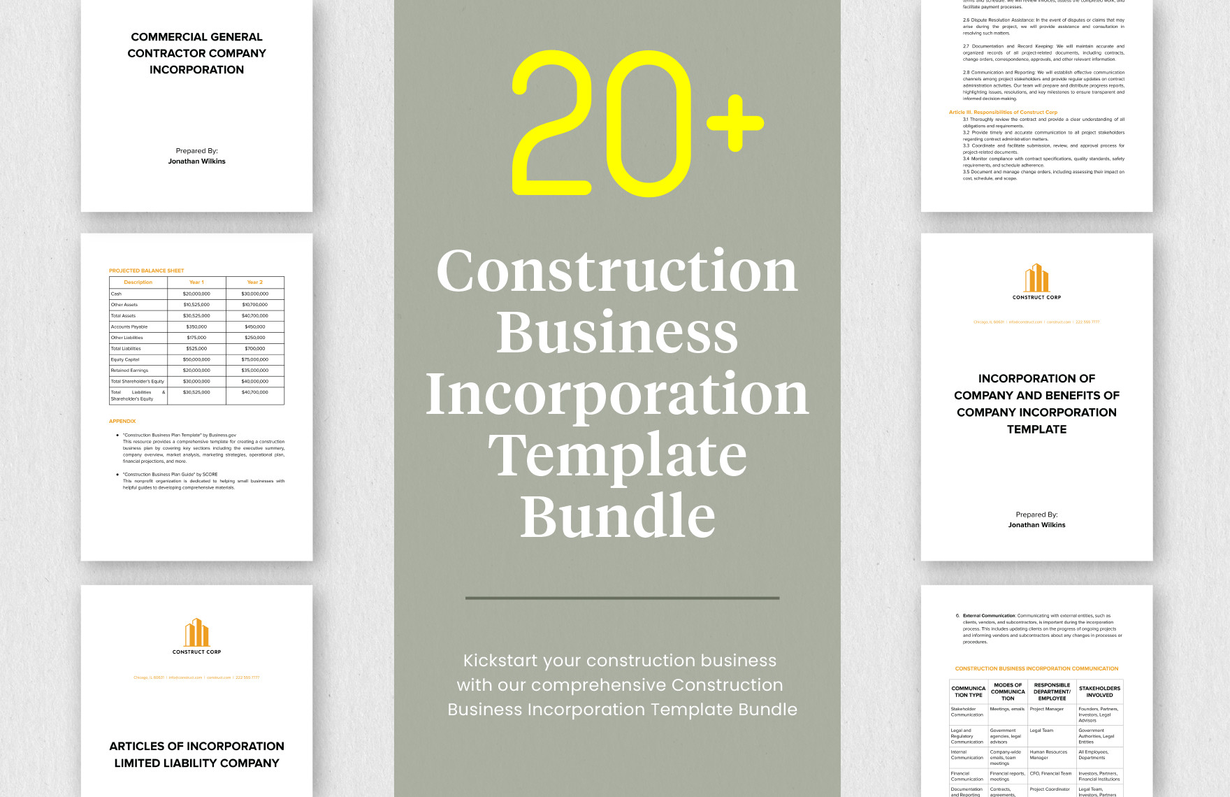20 construction business incorporation template bundle