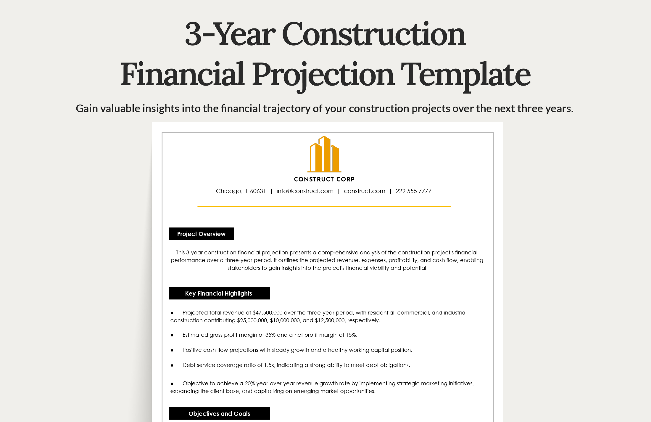 3 year construction financial projections template