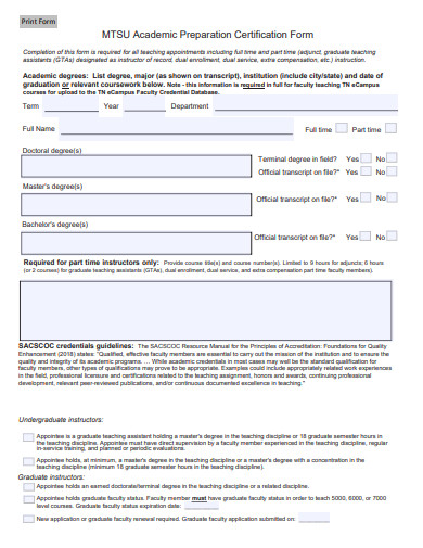 academic preparation certification form template
