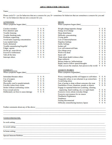 adult behavior checklist template