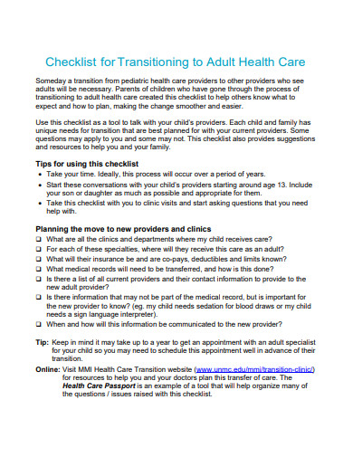 adult health care checklist template