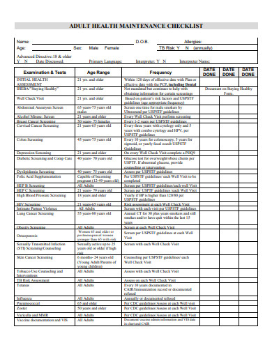 adult health maintenance checklist template