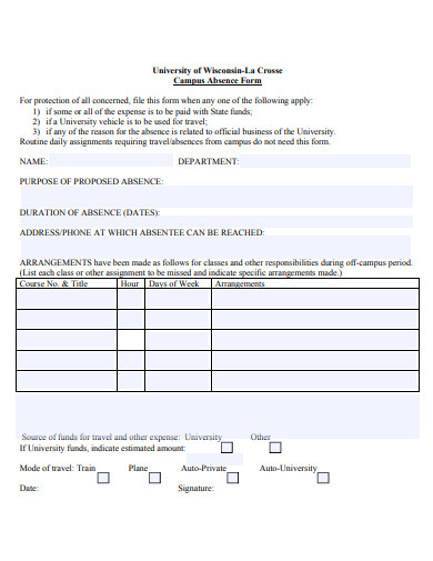 campus absence form template