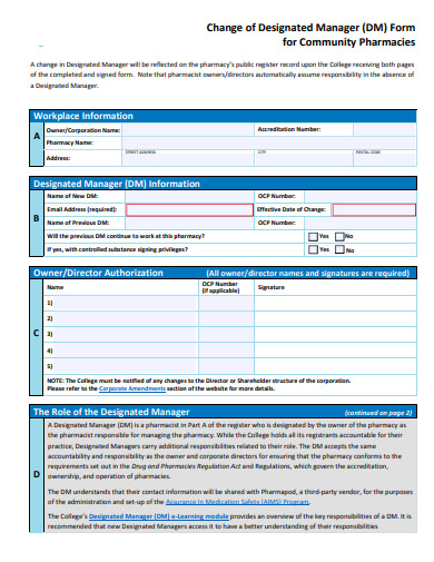 change of designated manager form template