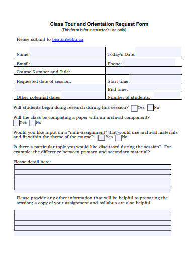 class tour and orientation request form template