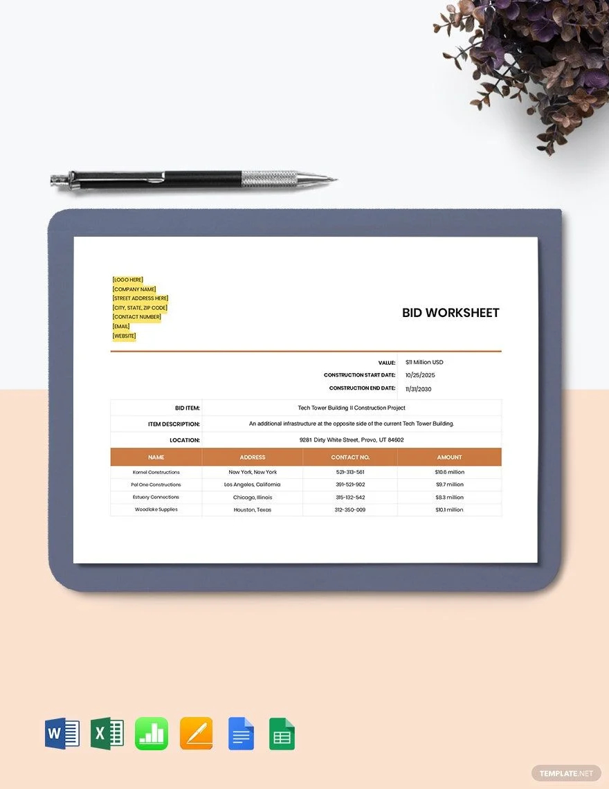 constructio bid worksheet sample