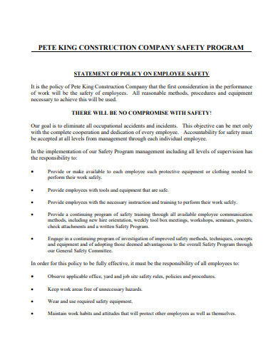 construction company safety program policy template