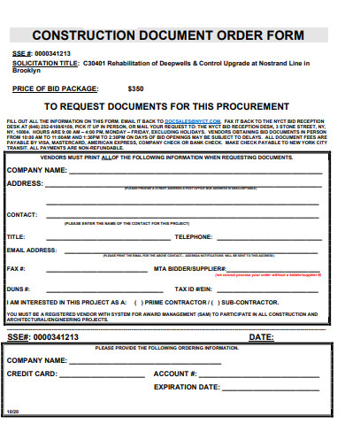 construction document order form template