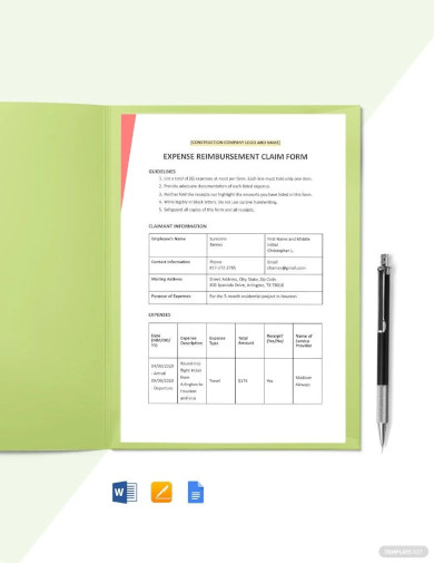 construction expense claim form template