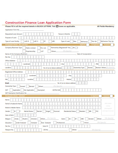 construction finance loan application form template
