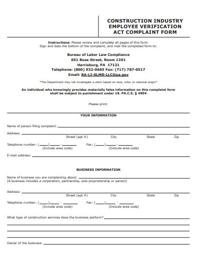 construction industry employee verification complaint form template