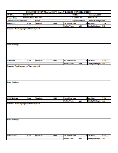construction managers daily log template