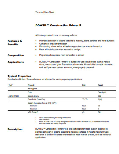 construction primer technical data sheet template