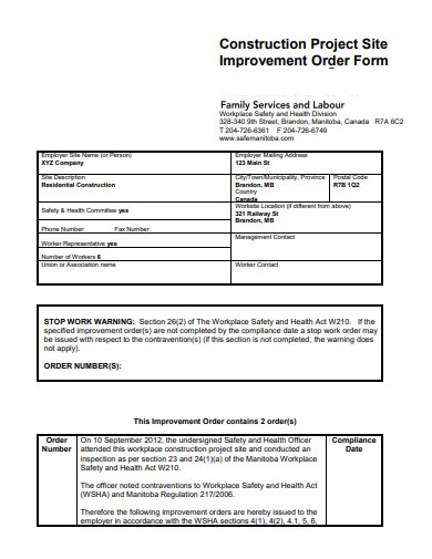 construction project site improvement order form template
