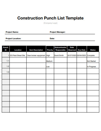 construction punch list template