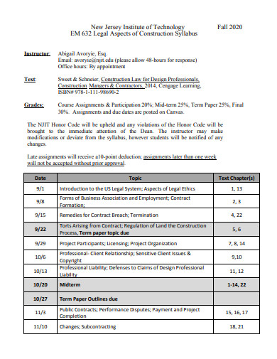 construction syllabus legal aspects template