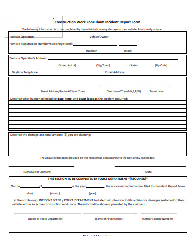 construction work zone claim incident report form template
