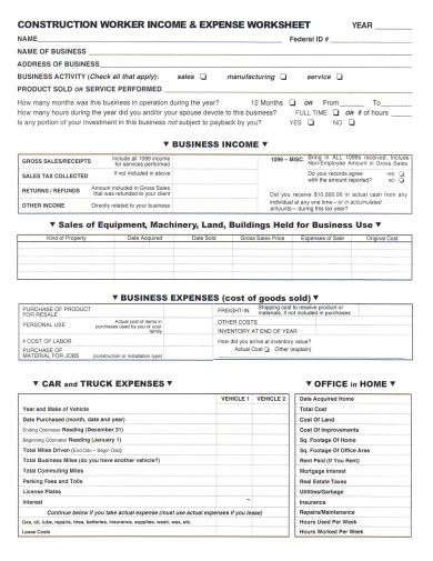 construction worker income and expense worksheet template