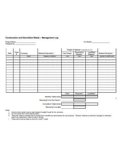 construction and demolition waste management log template
