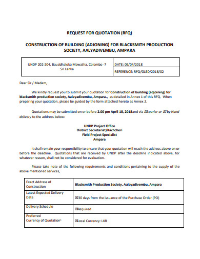 construction of building request for quotation template