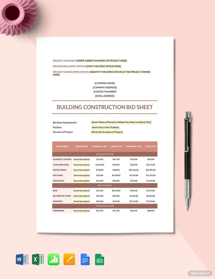 contractor bid sheet template