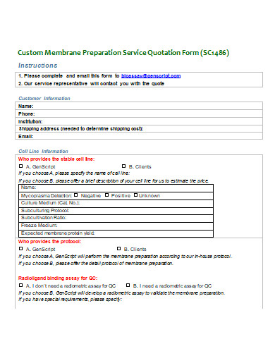 custom membrance preparation service quotation form template